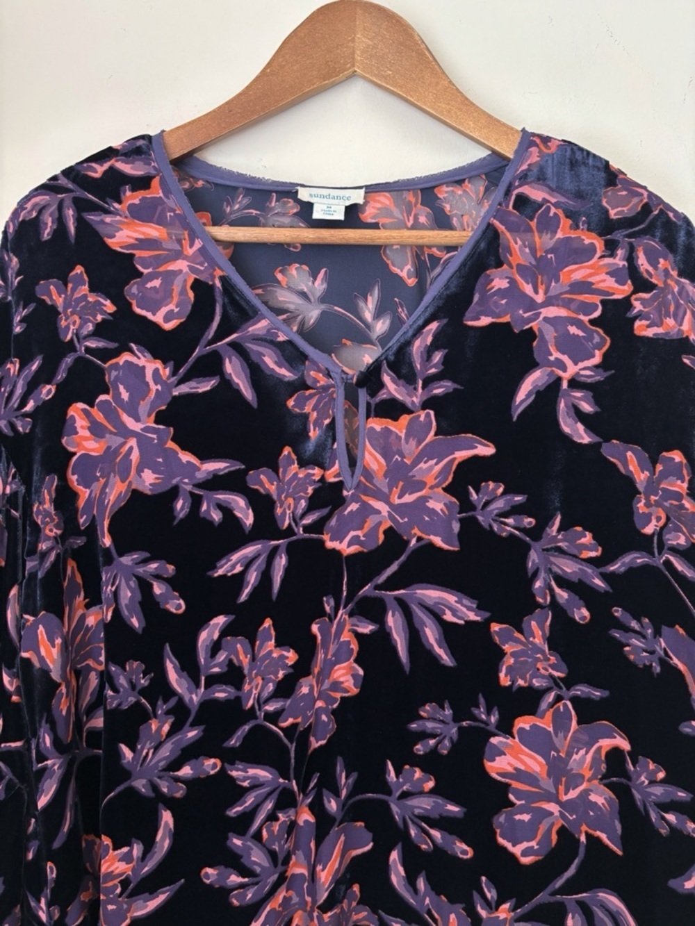 Sundance Blue Floral Burnout Velvet Silk Blend Blouse Medium Bohemian - Picture 3 of 7